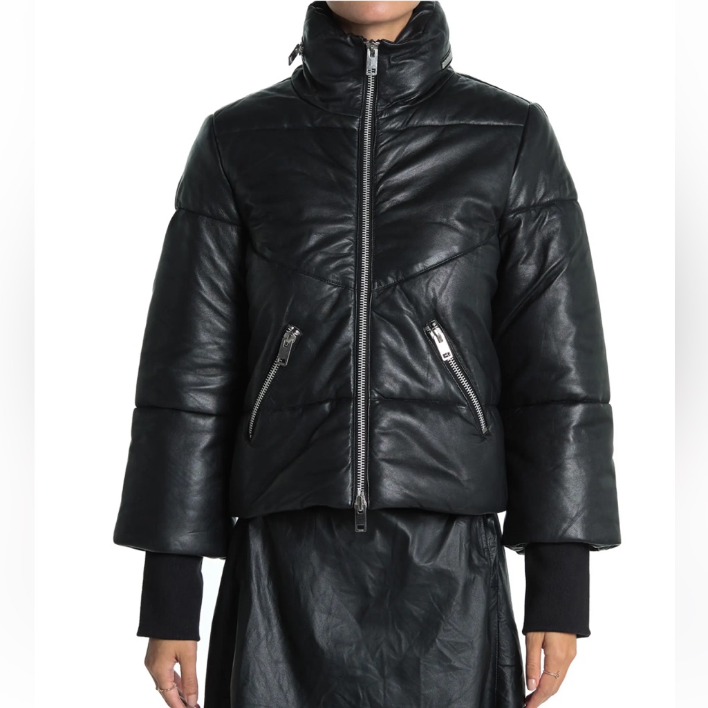 Nwt Genuine Leather Puffer Coat - High Neck W/ Zipper Detail